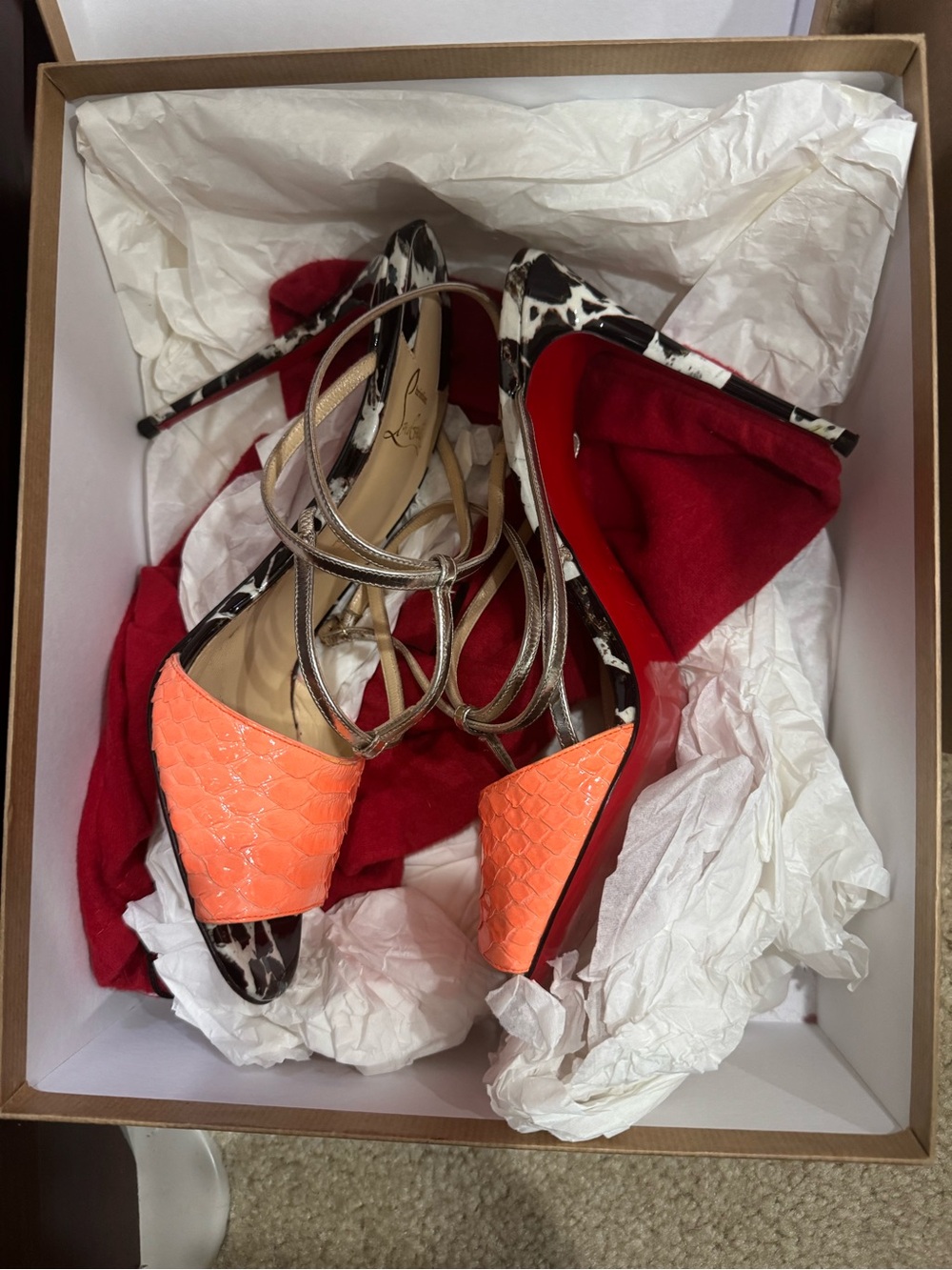 Christian Louboutin Neon Orange and Black-White Animal Print Strappy Heels